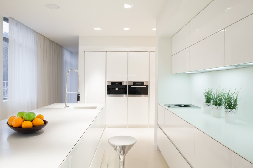 Exclusive white polished marble tiles in kitchen interior