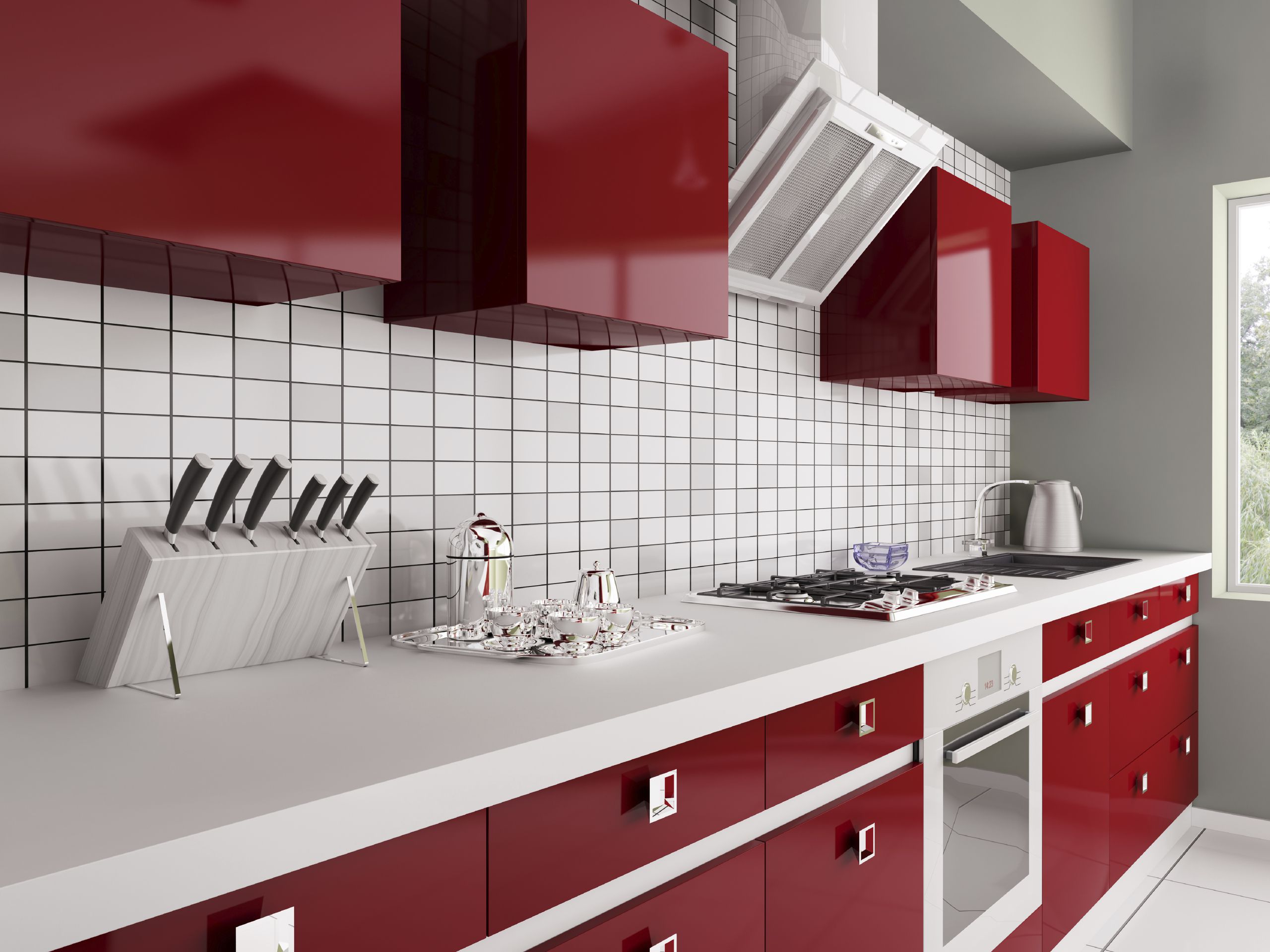 Modern red kitchen with sink,gas stove interior 3d