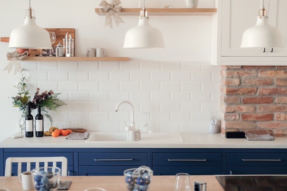 blue tiles in a kitchen area