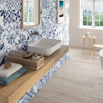 modern bathroom with blue paton tiles