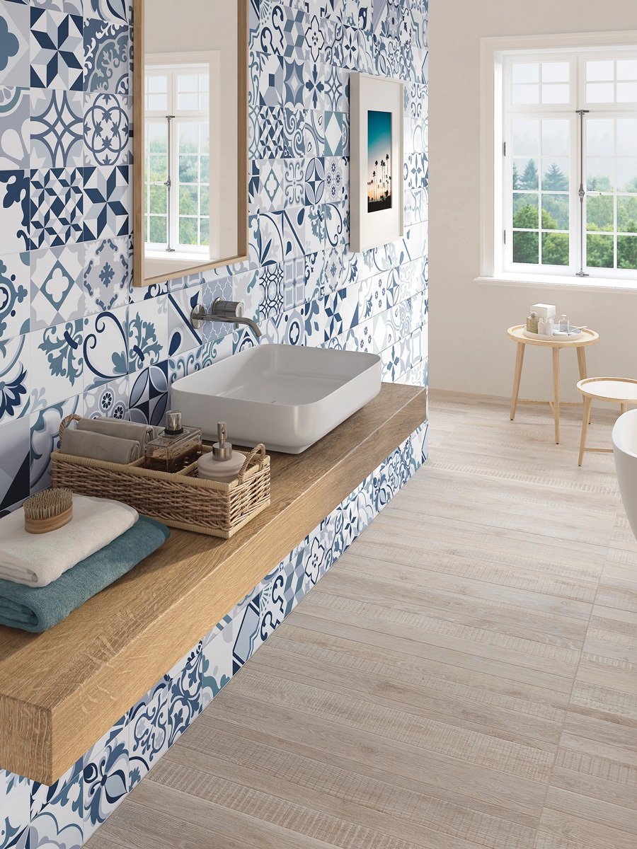 modern bathroom with blue paton tiles