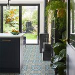 mosaic tiles in a dark and green kitchen