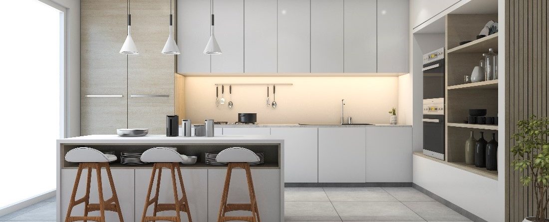 A brightly lit kitchen, with a light grey colour scheme.