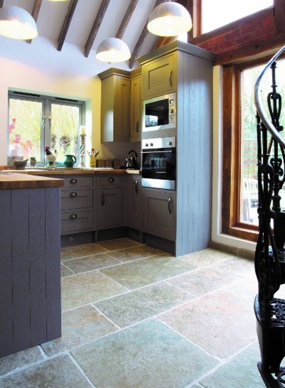 limestone flooring in a kitchen